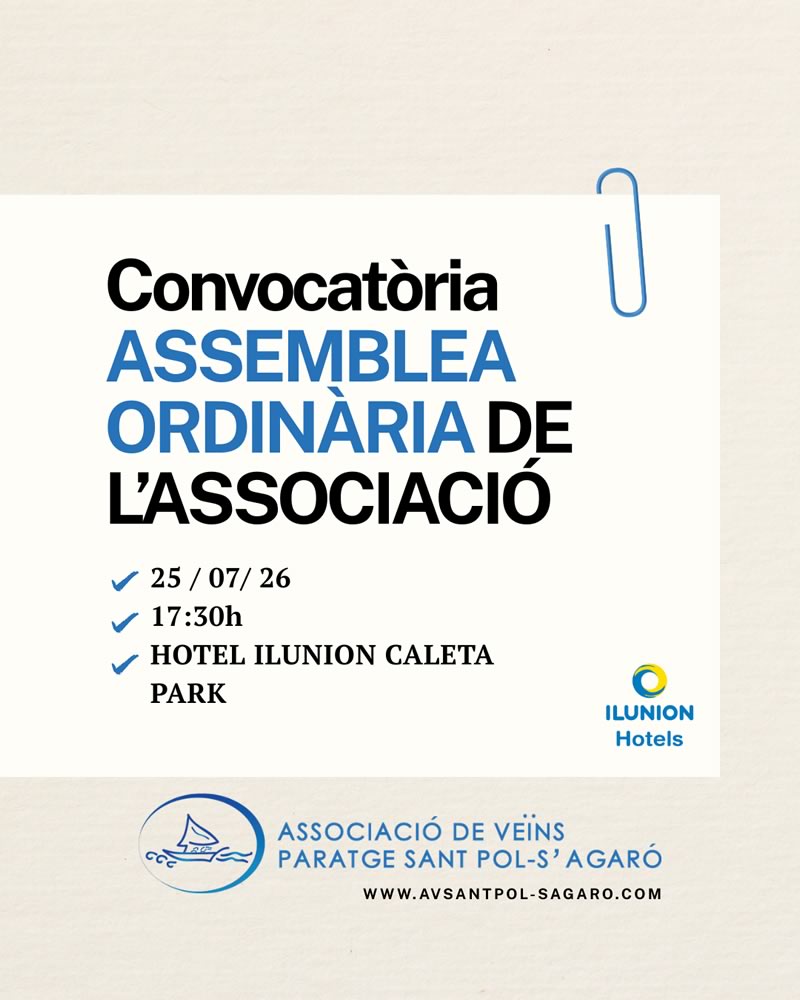 Associació Veïns Paratge Sant Pol-S'Agaró - Notícies - Convocatòria Assemblea ordinària associació 